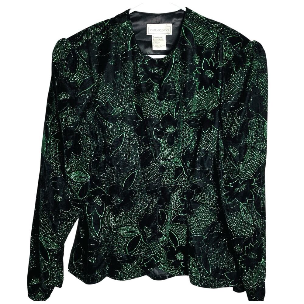 Vtg‎ Scott McClintock Womens Glitter Jacket Size 14 Green Floral Velvet Peplum